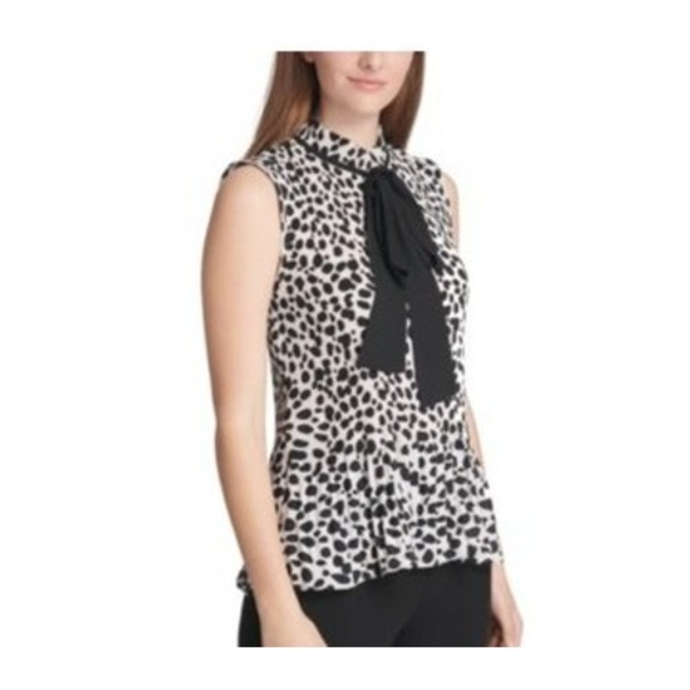 DKNY Pleated Animal Print Leopard Sleeveless Tie Top Blouse Peplum‎ Size Large